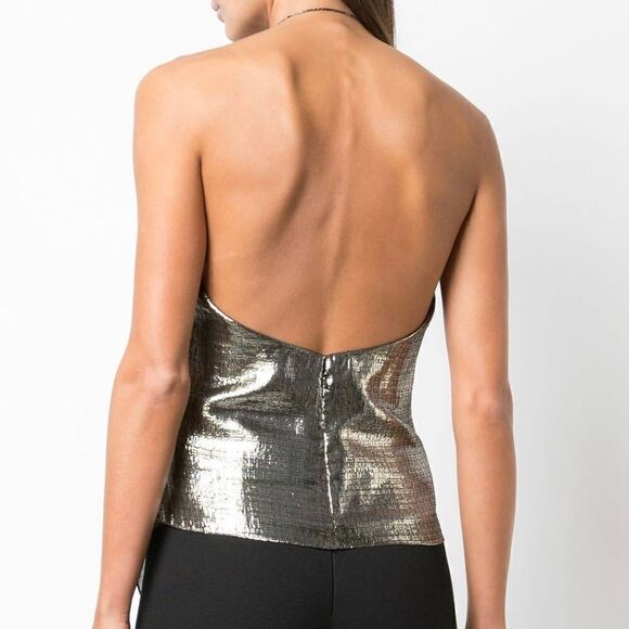 CUSHNIE Blouse Metallic Cowl Neck Open Back Halter Top Silk Lurex in Gold Size 2 - Picture 6 of 10